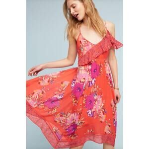 NWT Anthropologie Maeve Grecia Ruffle Dress Red Floral Asymmetrical Hem Size 8